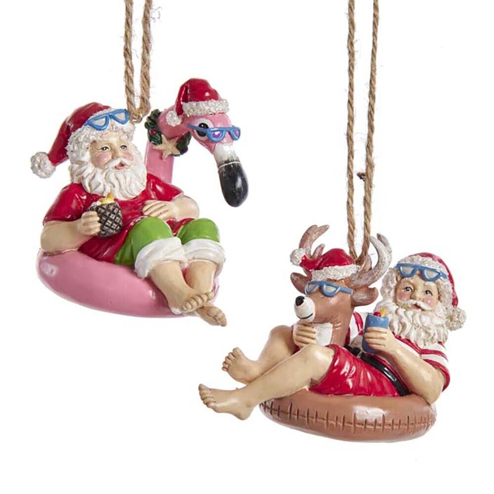 Set of 2 Beach Santa Sitting On Float Ornaments E0535