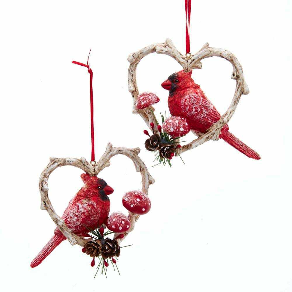 Set of 2 Cardinal Birds In Heart Frame Ornaments D3892