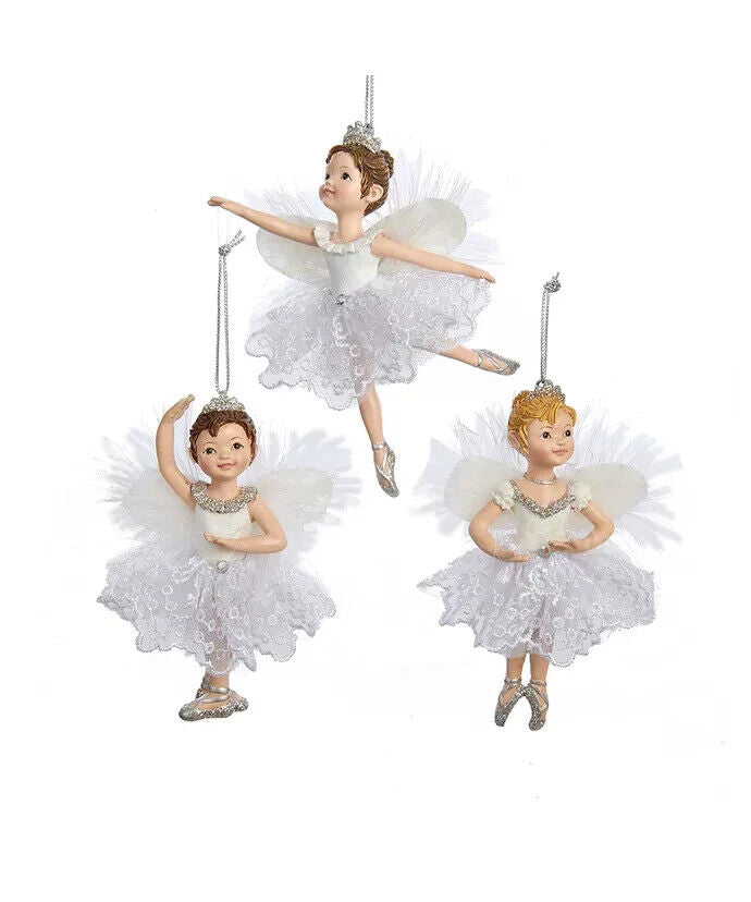 Set of 3 White and Silver Little Ballerina Ornaments C8548