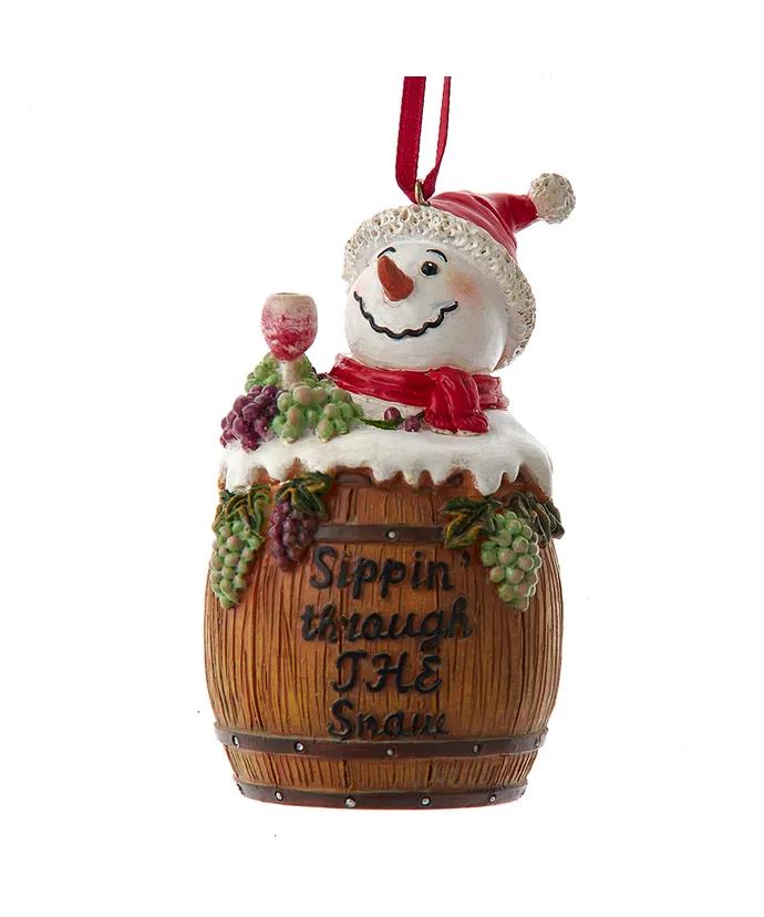 Vineyard Snowman In Wine Barrel Ornament E0885