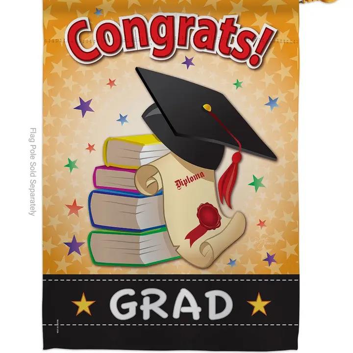 Two Group Flags Congrats Grad Education Graduation House Flag