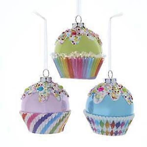 Set of 3 Glass Green, Pink and Blue Cupcake Ornaments T2747