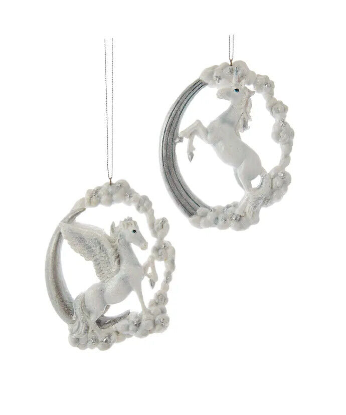 Set of 2 Silver and White Unicorn and Pegasus Ornaments E0642