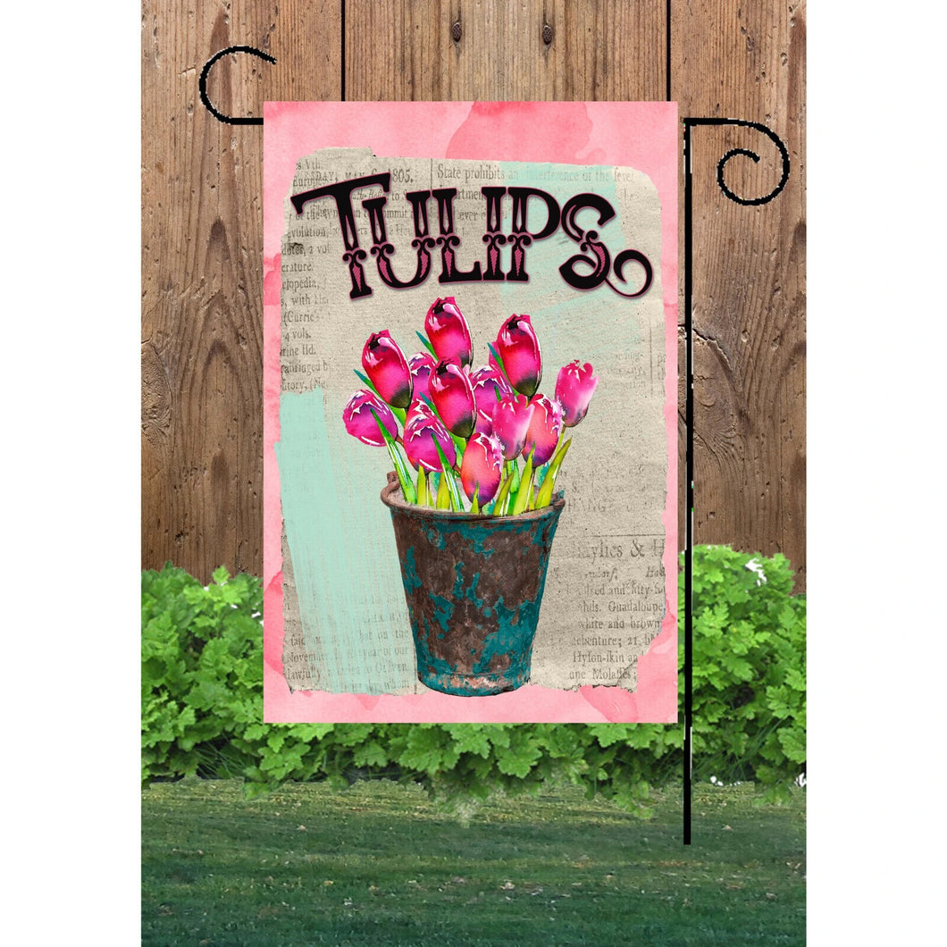 Flags Galore Tulips 2 Pink in Rusty Pot Garden Flag