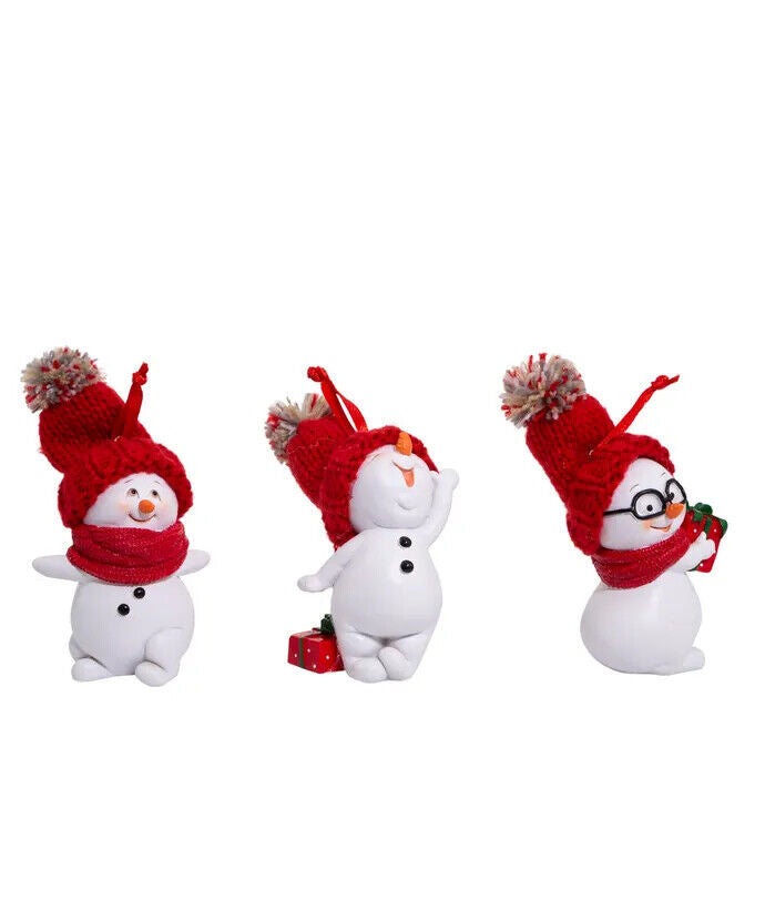 Set of 3 Snowman With Red Knit Hat Ornaments  F2069