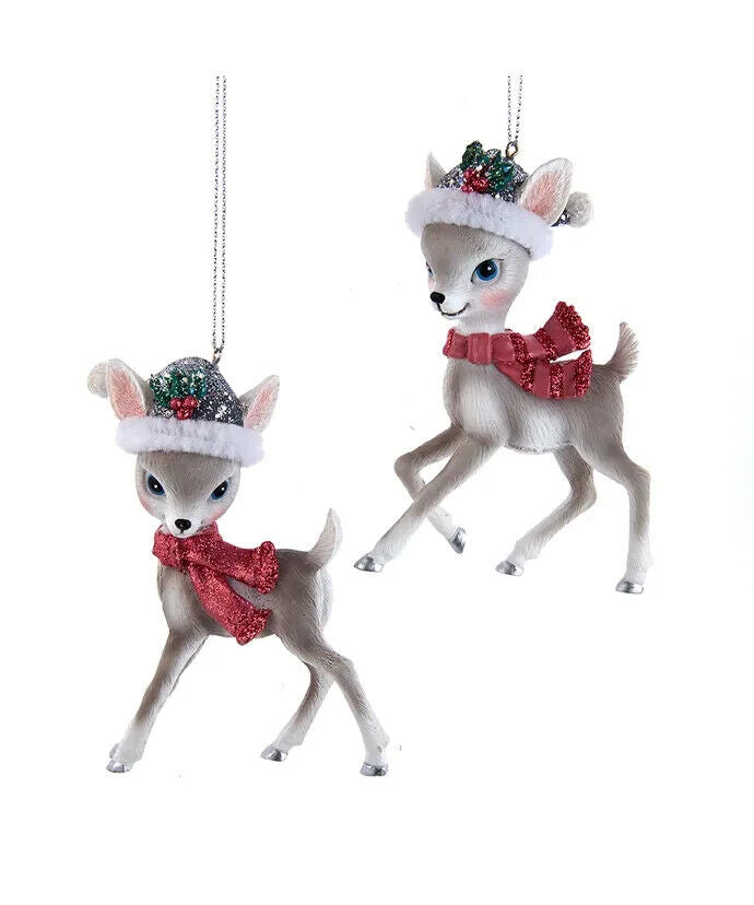 Set of 2 Pink and Pewter Deer With Santa Hat Ornaments   E0781