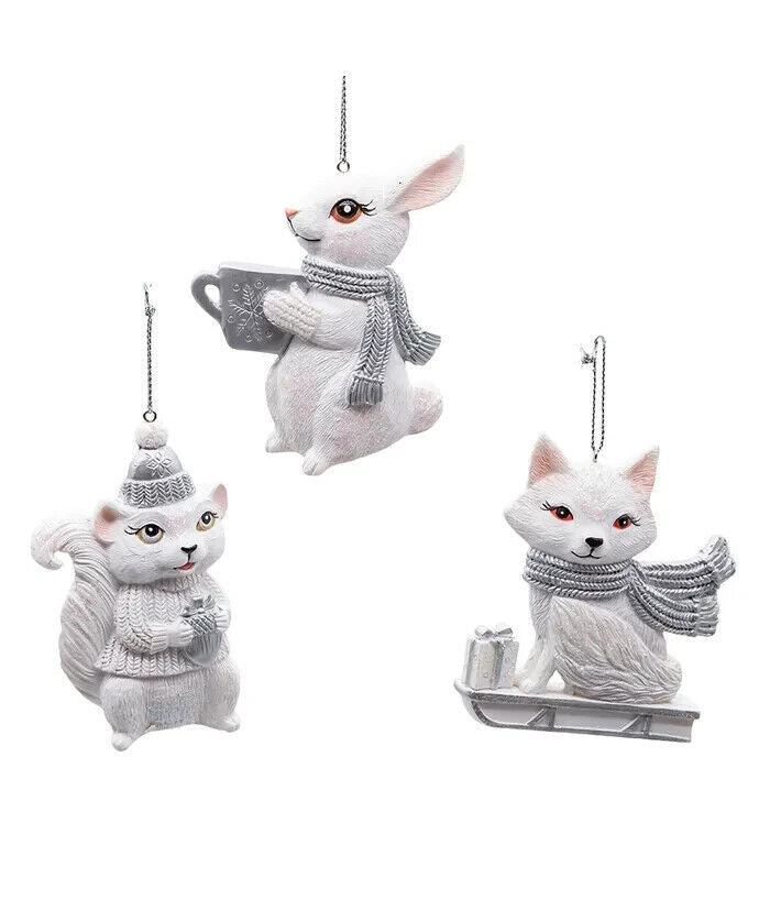 Set of 3 White & Silver Forest Animal Ornaments   D4315