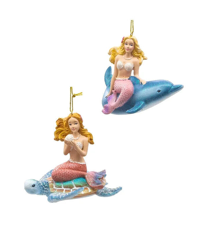 Set of 2 Under The Sea Mermaid With Dolphin and Turtle Ornaments E0877