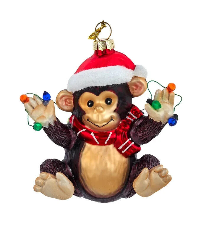 Glass Monkey With Miniature Light Strand Ornament J8829