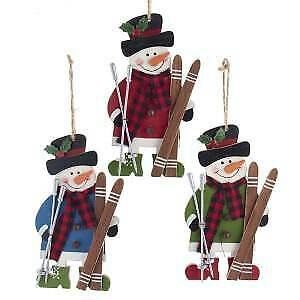 Set of 3 Wooden Snowman With Skis Ornaments