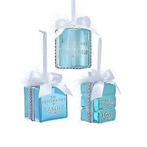 Set of 3 Glass Blue Gift Box With Sentiment Ornaments