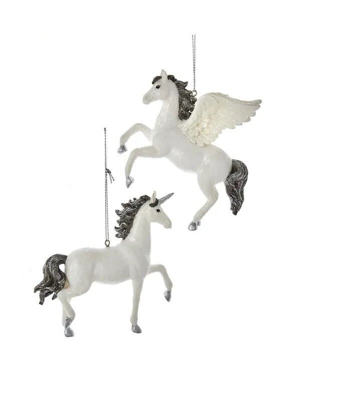 Set of 2 Silver and White Unicorn and Pegasus Ornaments E0658