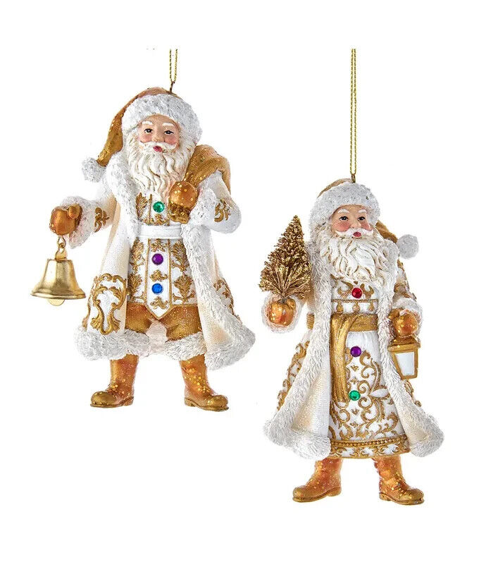 Set of 2 Jeweled White and Gold Santa Ornaments E0668