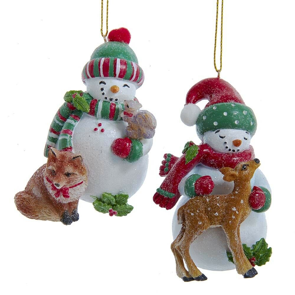 Set of 2 Snowman With Forest Animal Ornaments