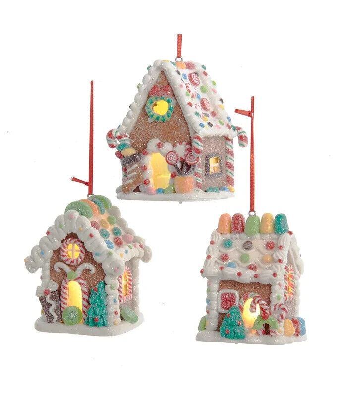 Set of 3 Gingerbread LED Candy House Ornaments D4043