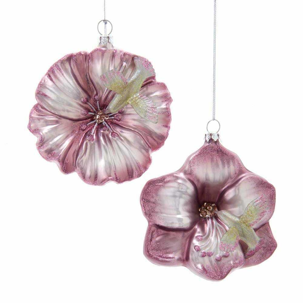 Set of 2 Glass Flower With Hummingbird Ornaments