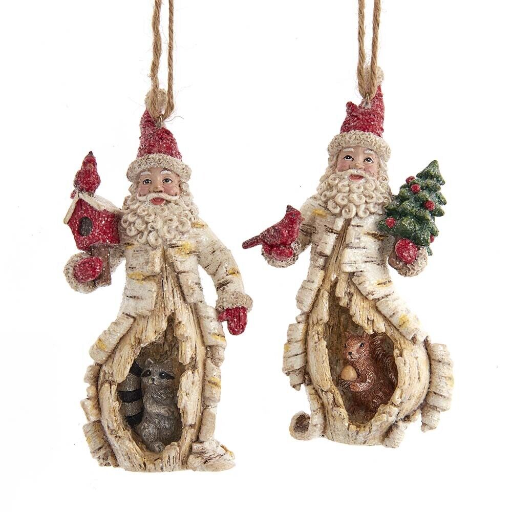 Set of 2 Birch Berry Santa With Animal Ornaments E0627