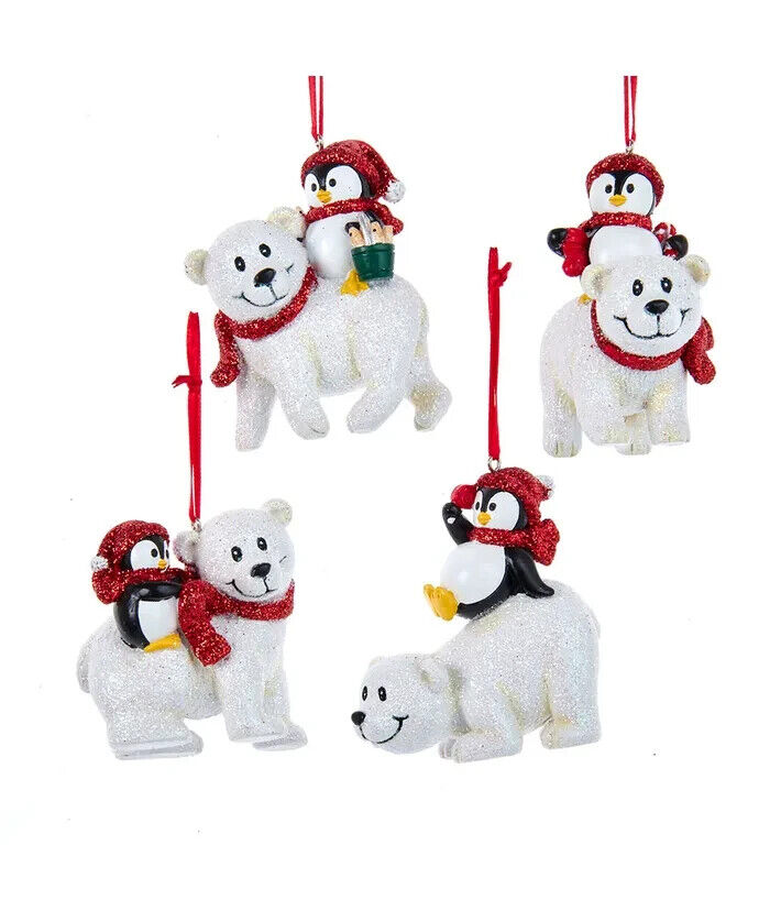 Set of 4 Penguin Playing With White Bear Ornament H5632