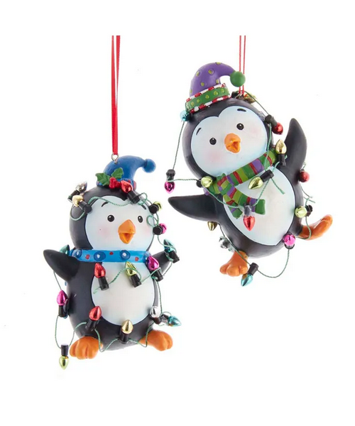 Set of 2 Penguins With Christmas Lights Ornaments D3736