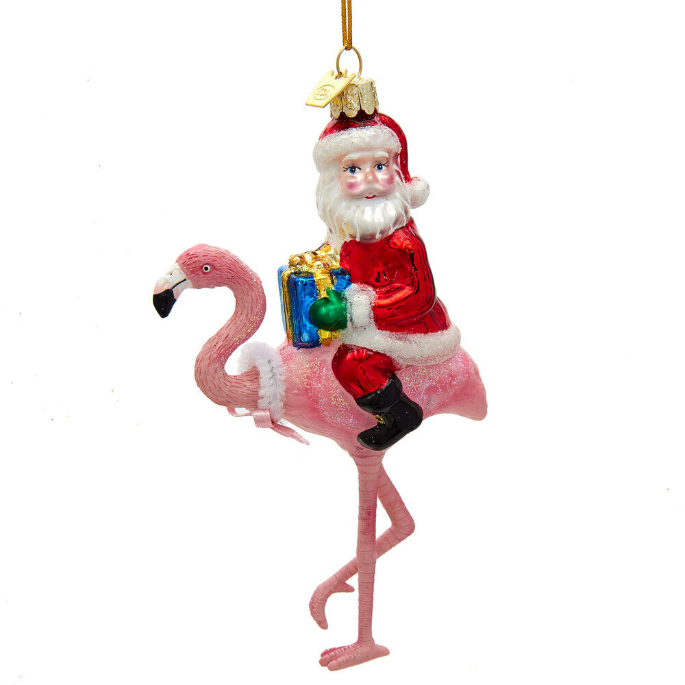 Noble Gems Glass Santa With Flamingo Ornament