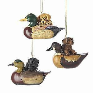 Set of 3 Puppy With Duck Decoy Ornaments