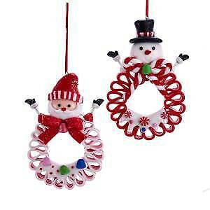 Set of 2 Candy Ribbon Santa and Snowman Ornaments