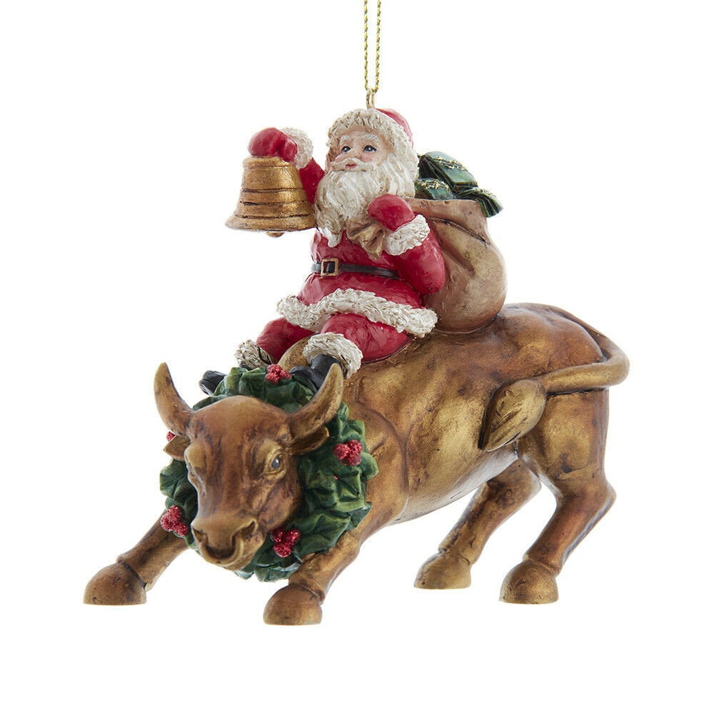 Santa On Stock Market Bull Ornament