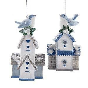 Set of 2 Blue And White Birdhouse Ornaments