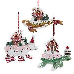 Turtle, Polar Bear and Whale With Gingerbread House Ornaments